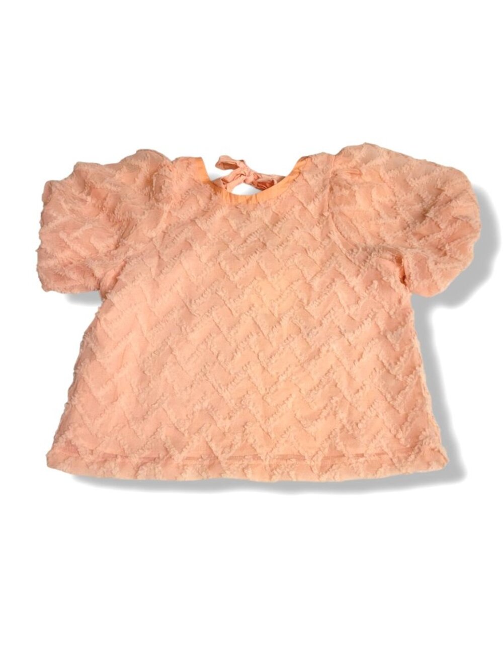 In February Women's Peach Subtle Chevron Textured Short Puff Sleeve Top - Size L
